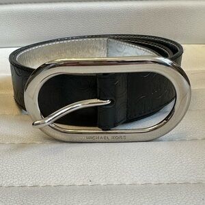 MICHAEL Michael Kors Black Stamped Logo Faux Leather Belt Black Silver Buckle M